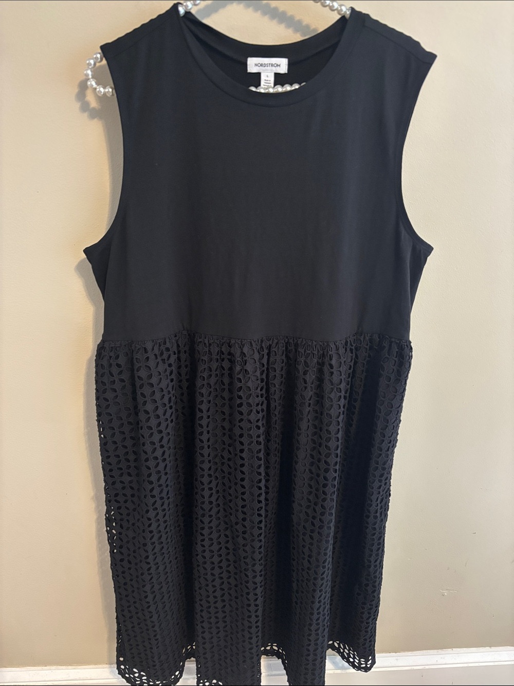 Nordstrom Large Black Eyelet Mixed Media Knit Midi Dress Sleeveless casual